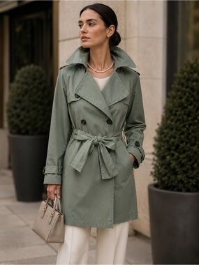 BENETTON Y2K Army Green Double Breasted Military Style Belted Trench, 42/6